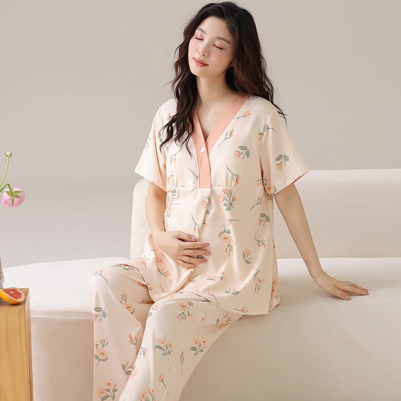 مع منصات الصدر قصيرة الأكمام النساء الحوامل منامة متماسكة بعد الولادة أزياء الحبس خدمة المنزل مجموعة ملابس الرضاعة الطبيعية