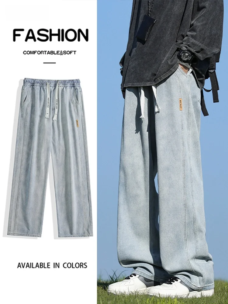 فضفاض مستقيم الساق الرجال الجينز خمر Waed الأمريكية Sle عادية بنطال ذو قصة أرجل واسعة Dstring الخريف الشتاء Faion الشباب الاتجاه