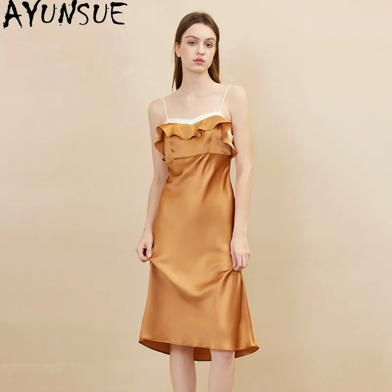

AYUNSUE 19MM 100% Real Mulberry Silk Sexy Sleepwear Night Dress for Women Summer Womens Clothes Back Hollow Out Пижама Женская