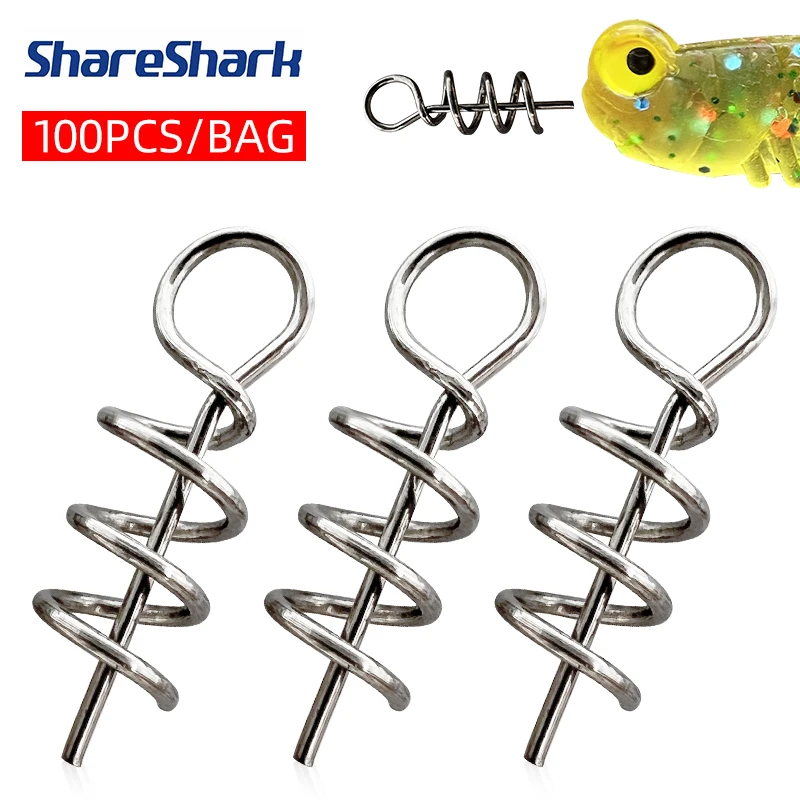 ShareShark 100 Stück Spring Lock Pin Angelverbinder Edelstahl Wirbelknöpfe für weiche Köder Angelzubehör Pesca
