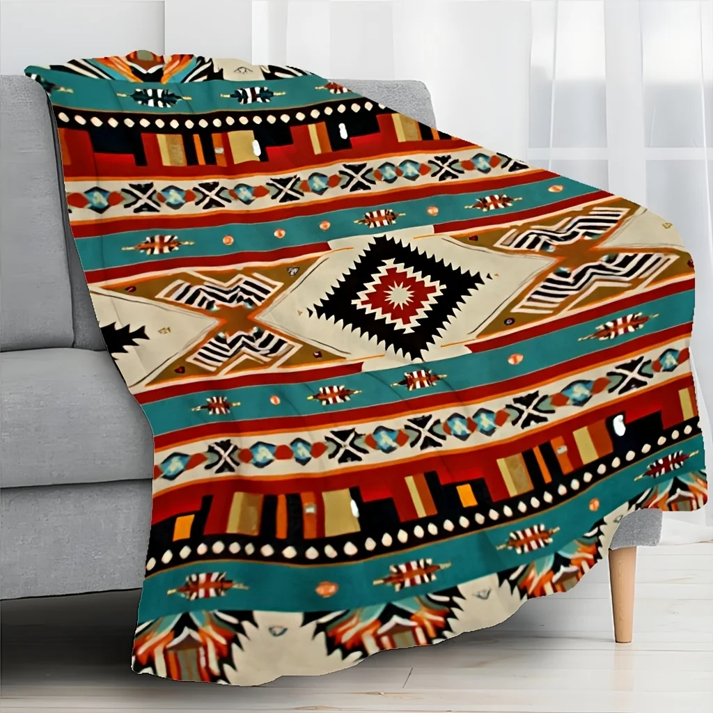 2D Flat Print, 1pc Vintage Exotic Geometric Style Throw Blanket/blanket, Featuring a Colorful Diamond Stripe Geometric Totem Pri