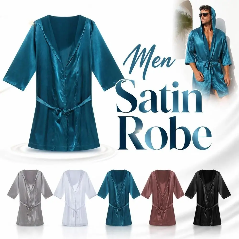 Simple Smooth Men Satin Robe Loose-fit Lightweight Silk Bathrobe Comfortable Short-sleeve Mens Dressing Gown Nightwear