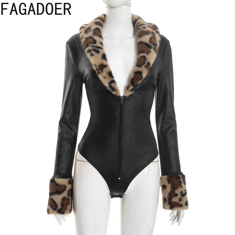 FAGADOER, peleles sexis de piel de cuero con retales para mujer, monos de manga larga con cuello en V profundo y estampado de leopardo, ropa para discoteca para mujer, monos nuevos