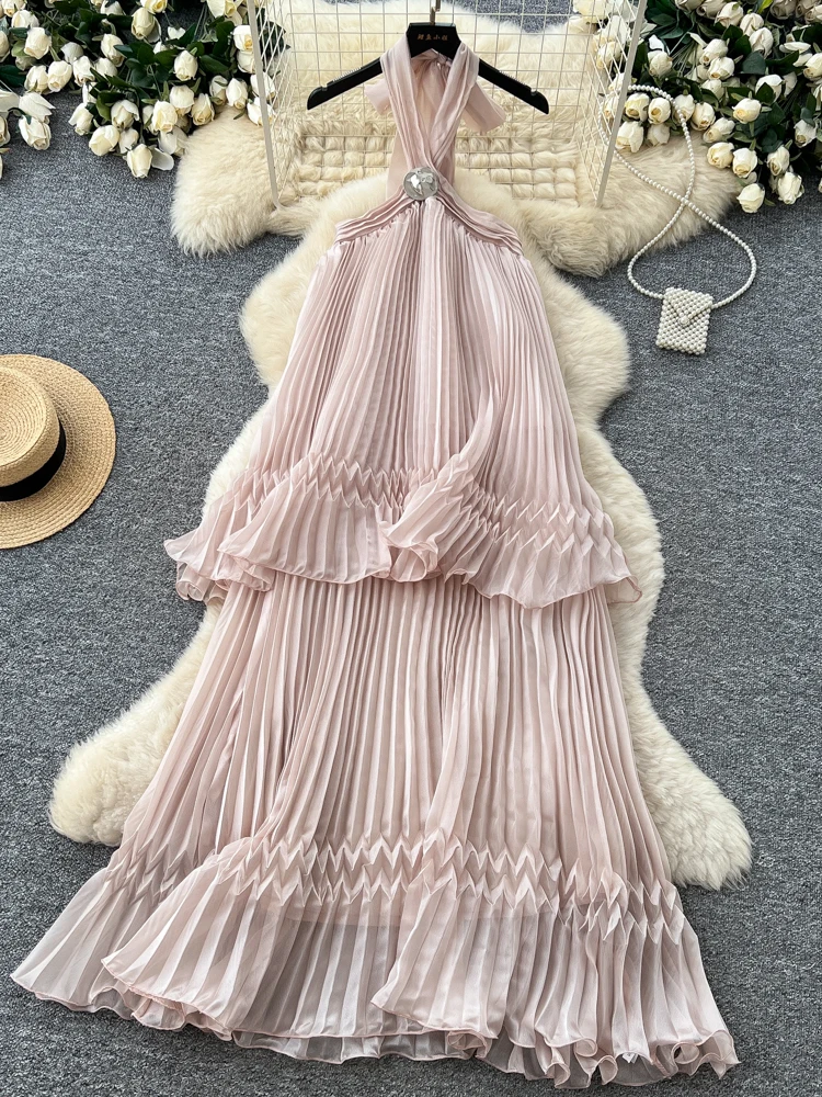 Summer Korean Style High Waist Gored Skirt Maxi Dress Women's Sleeveless Neckline Pleated Holiday Vibes A-line Long Dress