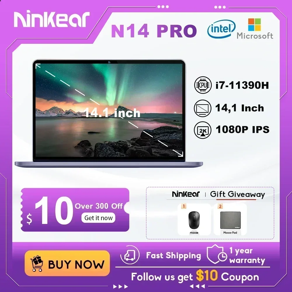 Ninkear แล็ปท็อป N14โปร IPS 14นิ้ว, i7 Full HD Intel Core แรม11390ชม. 16กิกะไบต์แรม + 1TB SSD Windows 11โน้ตบุ๊คอัลตร้าบุ๊คพกพา