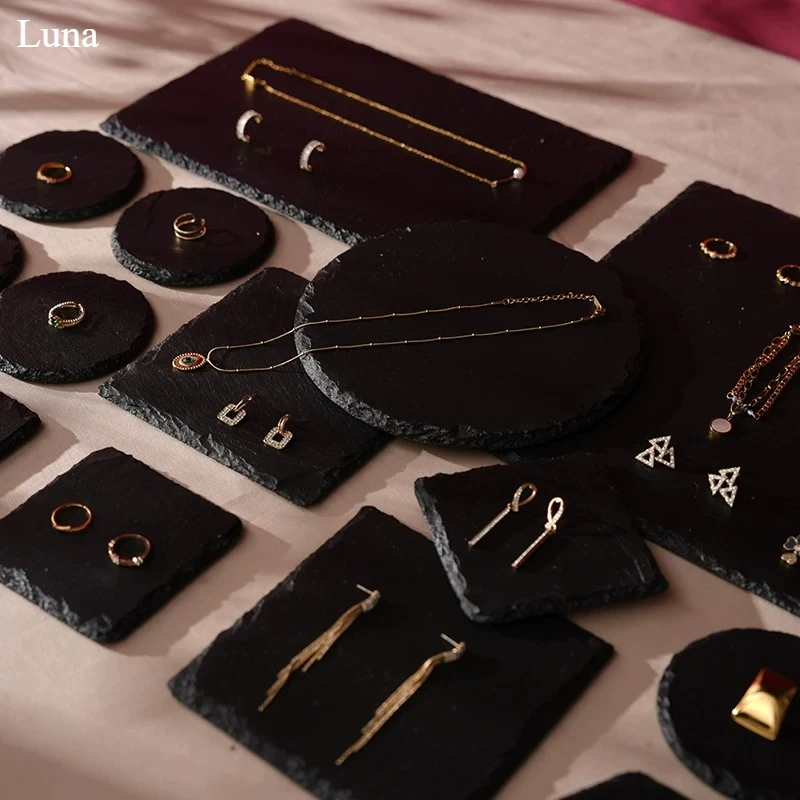 

Black Slate Jewelry Display Tray, Stone Plate for Necklace & Earring, Counter Showcase Organizer & Photography Prop