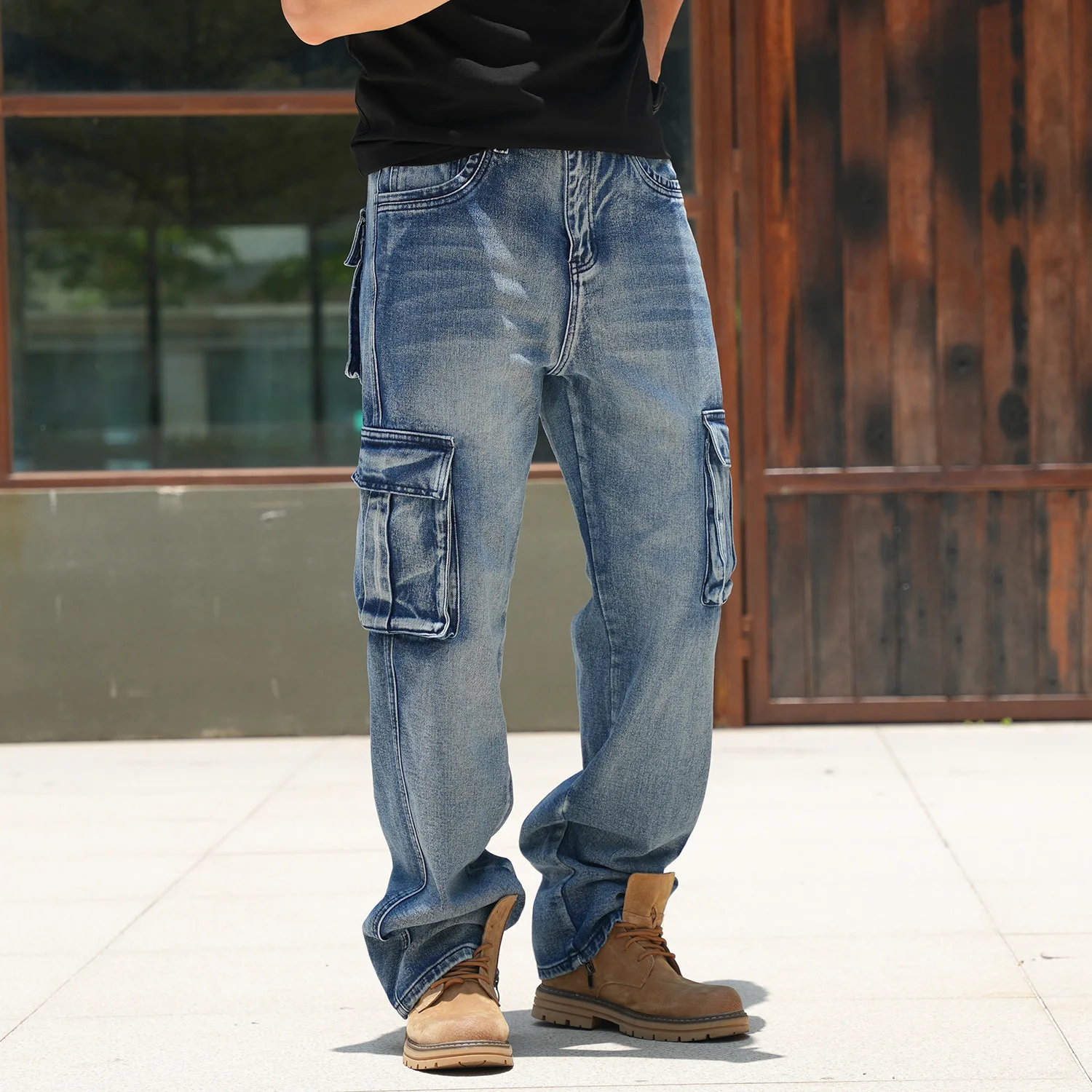 European American Vintage New Fashion Men's Multi Pockets Casual Trendy Loose Wide Leg Straight Denim Trousers Male Jeans Pants