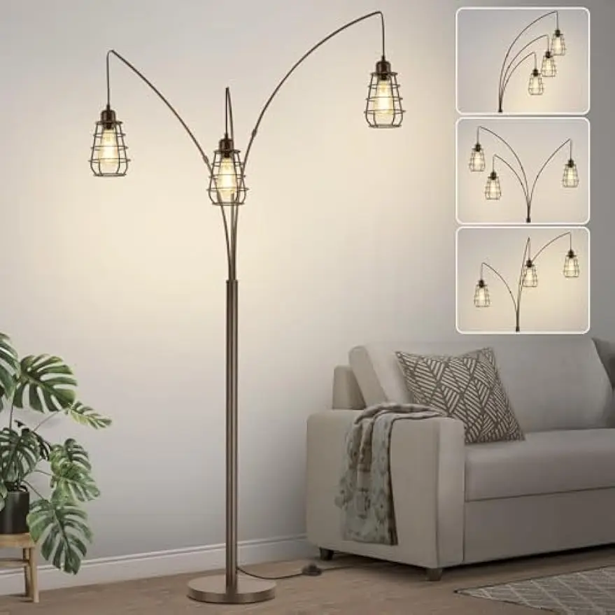 

Industrial Floor Lamp, 3 Light Arc Floor Lamps for Living Room, 76 Inch Tall Standing Lamp with Metal Cage Shades & Foot Switch