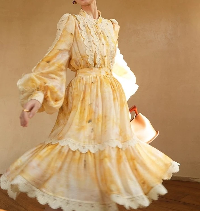 

Yellow Flora Print Tops and Skirt Women Lace Patch Long Sleeve 2 Piece Sets Spring Elegant Vintage Skirt Set Autumn