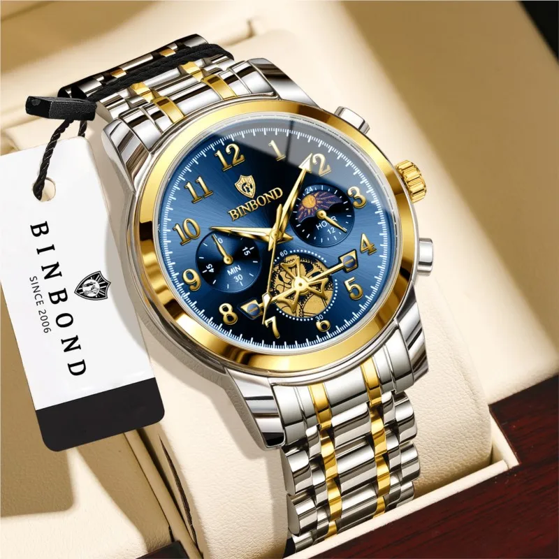 BINBOND New Luxury‑Light Multi‑Functional Men Quartz Wristwatch Luminous Fashion‑Casual Sport Daily Business Male Watch