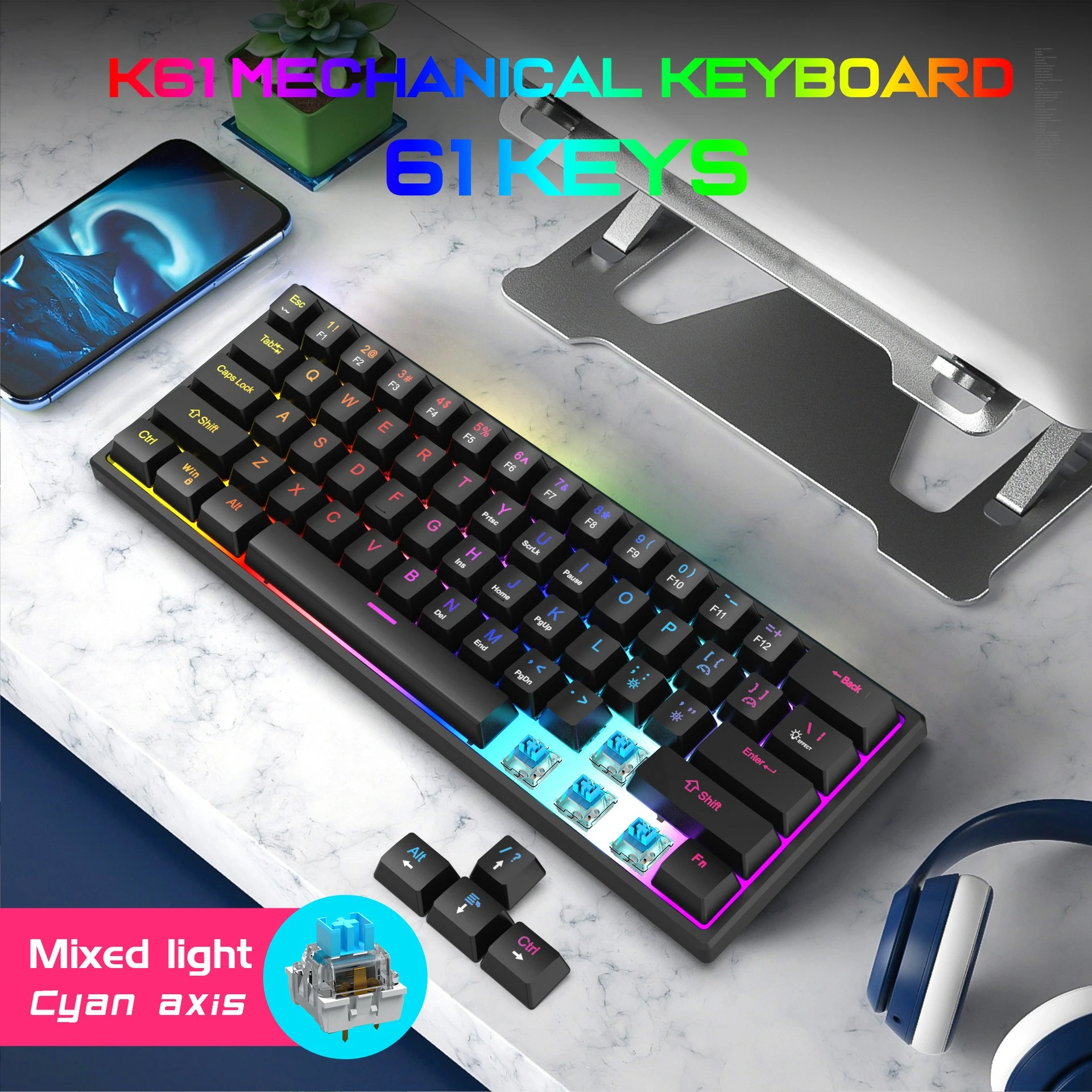 Wired Mechanical Keyboard Green Axis Teclados 60% Mini PC 61Keys Tastiera Gaming Portable Backlit Laptop Keyboards Black White