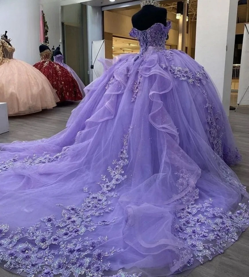 Vestido de baile Lilás Princesa Quinceanera, Apliques fora do ombro, Doce frisado 16 vestidos, 15 anos mexicano