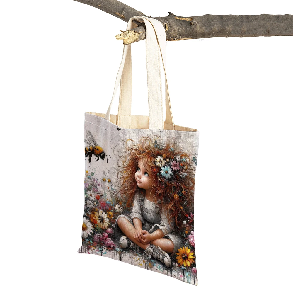 Borsa shopper per ragazza e gatto, fiaba, doppia stampa, borse per la spesa, casual, simpatico cartone animato, regalo per bambini, borsa da donna