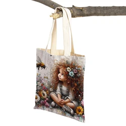 Fairy Tale Girl and Cat Dog Shopper Bag Double Print Shopping Bags Casual Cute Cartoon Children Gift Women Tote Lady Handbag