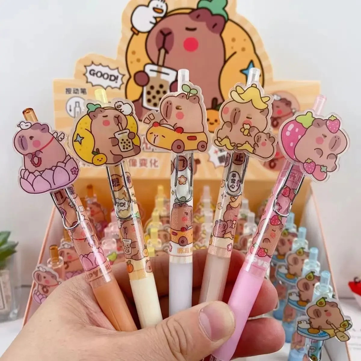 6Pcs/Set Blink Your Eyes Capybara Acrylic Gel Pens Black ink 0.5mm Kawaii Cartoon Press Pen Neutral Pen birthday gift