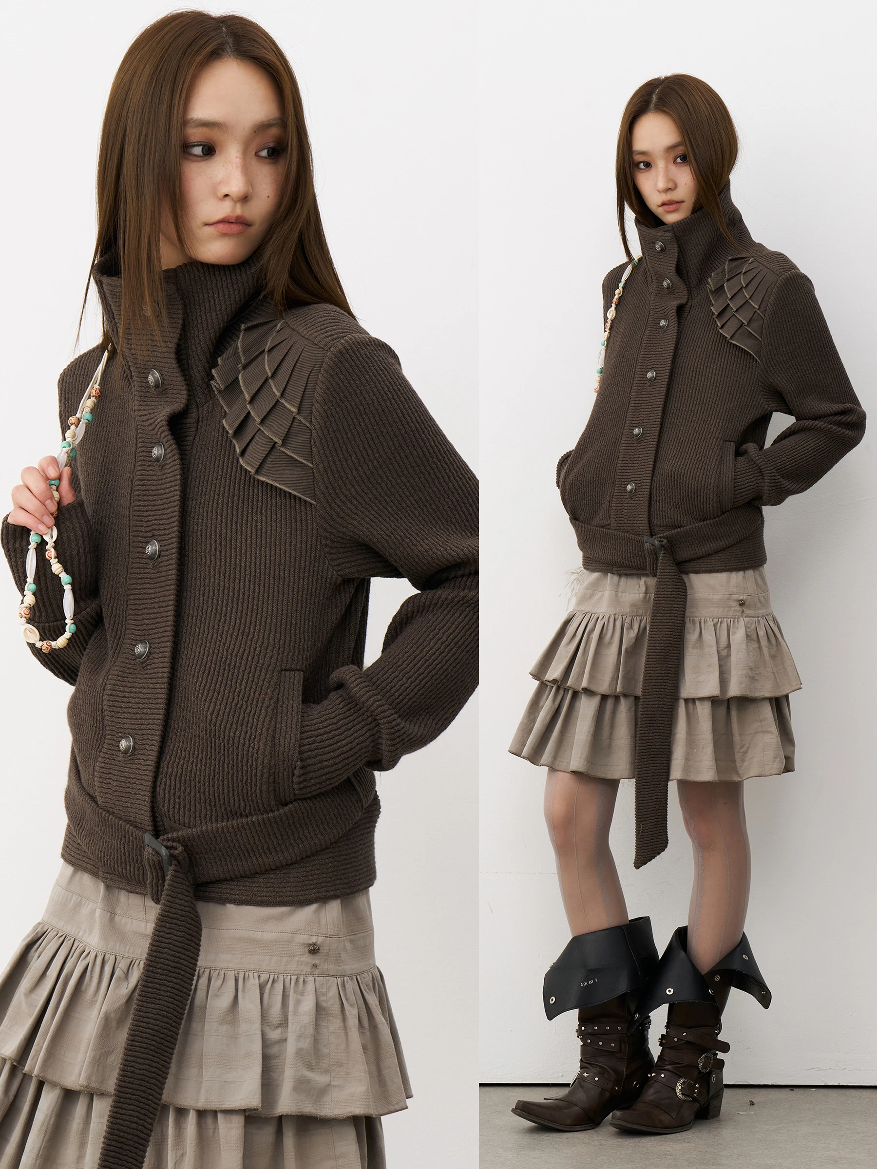 

Women's Knitted Jaet Coat Stand Collar Button Design oulder Lace Original Warmth Winter Cotton Blend Long Sve Top