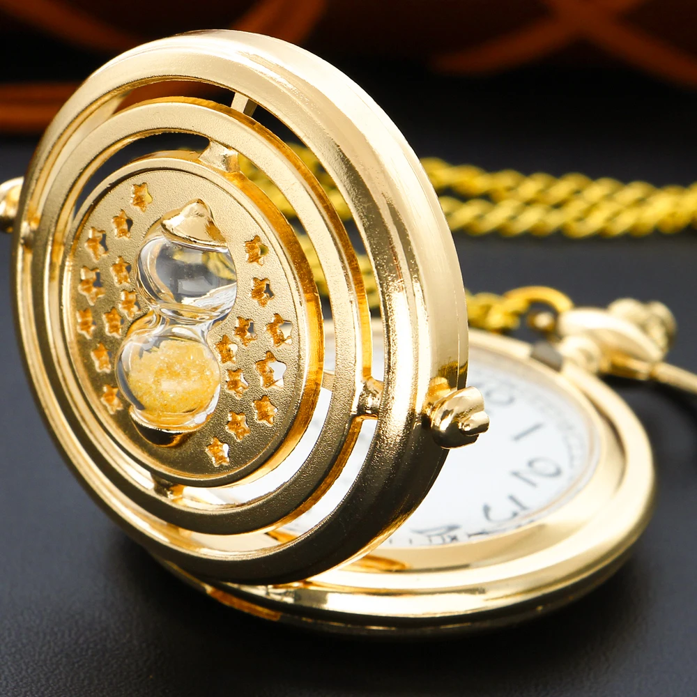 Golden Hourglass Star Men's and Women's Quartz Pocket Watch Vintage Fashion Necklace Pendant Student Festival Gift