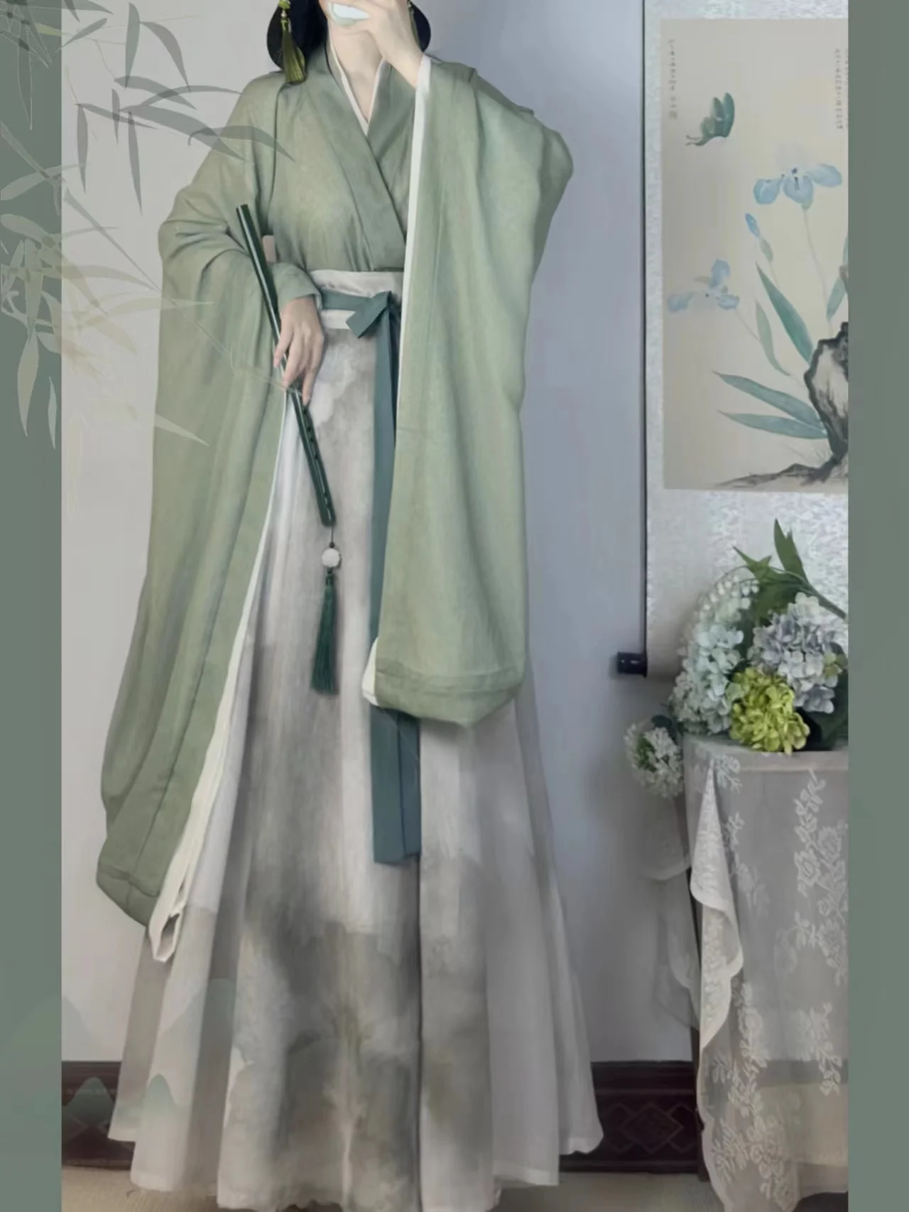 고대 중국 Hanfu 여성 카니발 코스프레 의상 사진 파티 드레스 넓은 소매 Hanfu 녹색 드레스 여성용