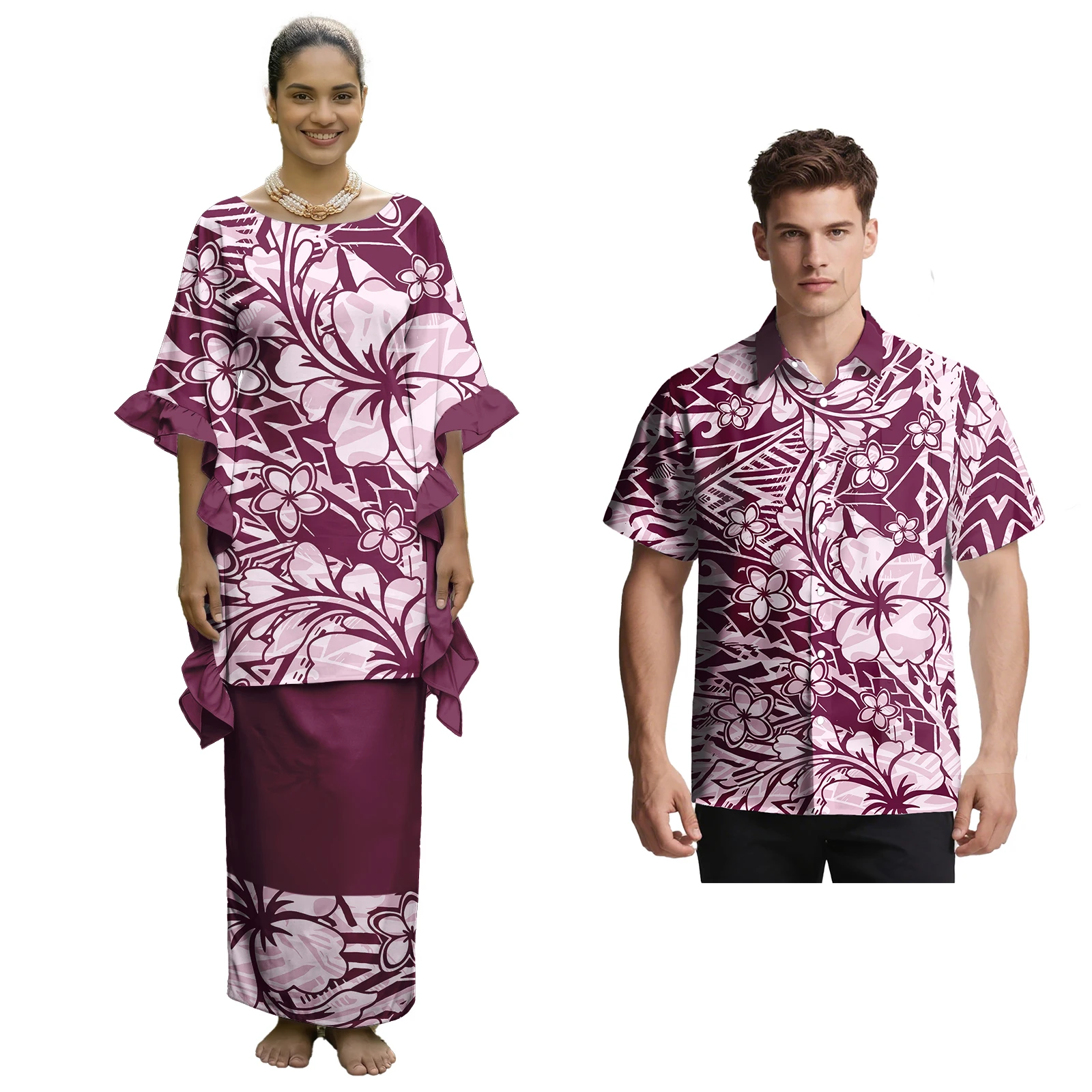 Unisex Clothes Custom Hawaii Men Shirts Polynesian Ruffled Sleeve Women Puletasi 2pc Set Samoan Tribal Style Church Couple Suit