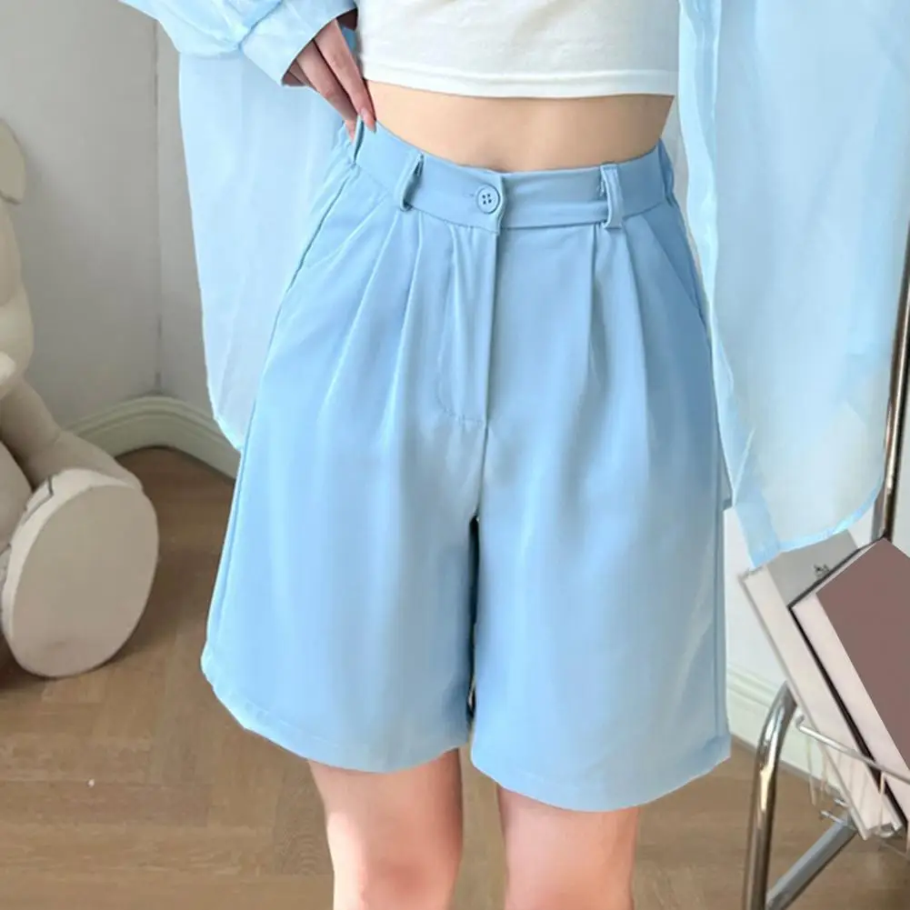 Women\'s Summer Shorts Loose Casual Suit Short Pants Girl Solid Color Pink Sky Blue Knee Length Button High Waisted Shorts 반바지