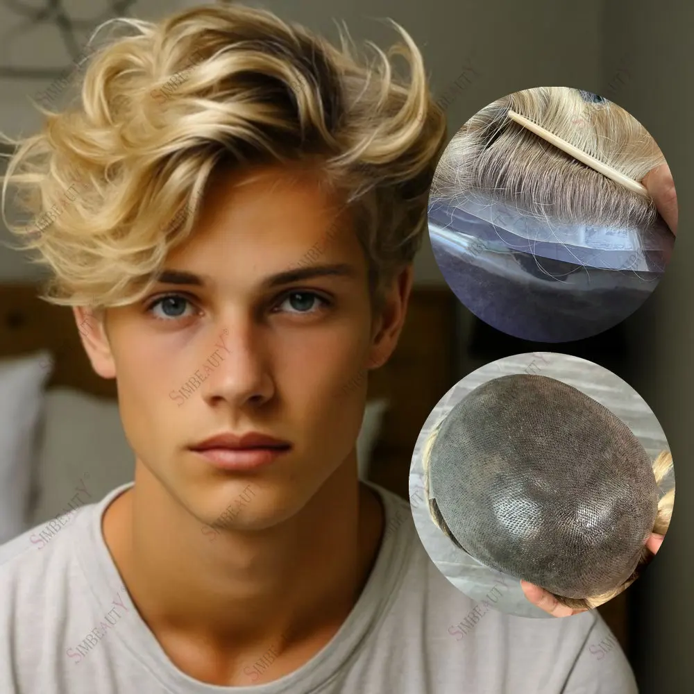 

Мужской парик Ombre Blonde 0,06 мм, тонкая кожа, мужской парик из искусственной кожи, протез для волос, мужской парик, индийская система замены человеческих волос для мужчин