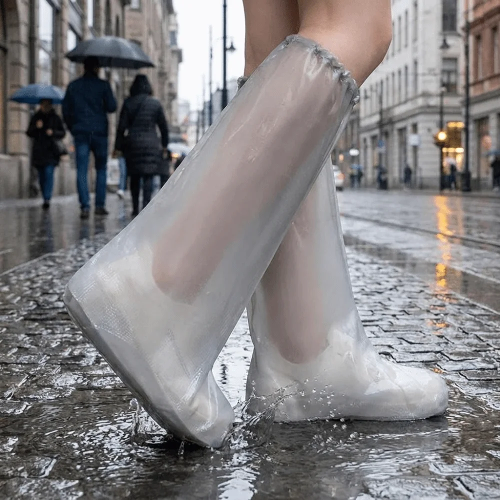 5 Pairs PE Waterproof Shoe Covers High Tube Non-Slip Sole Portable Rain Boot Covers Wear-Resistant Thickened