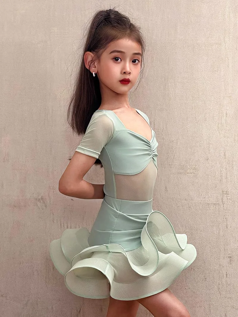 Kinderen Latin Dance Training Jurk Kinderen Meisjes Plooien Body en Dubbellaags Mesh Rok Samba Ballroom Competitie Danskleding