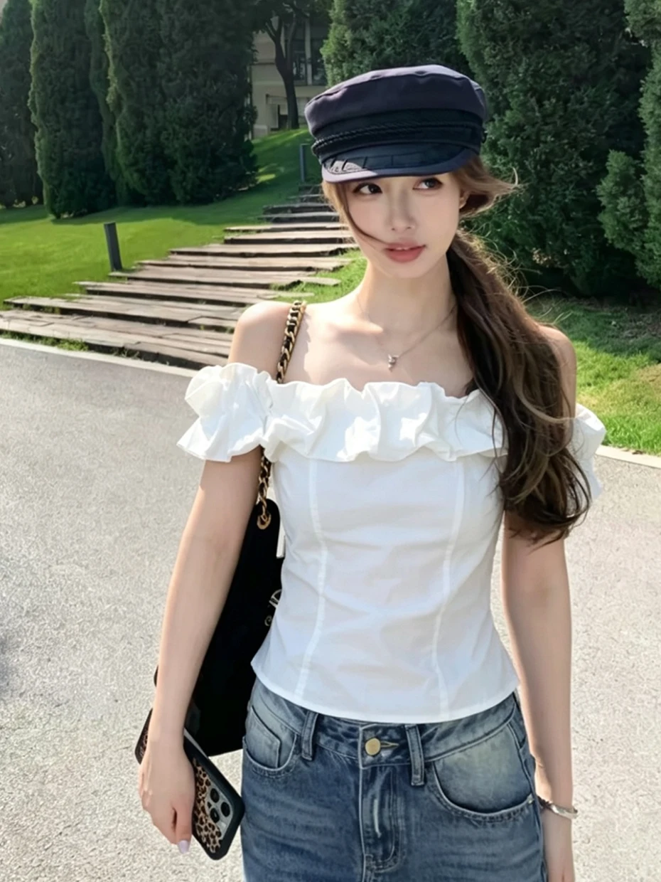 

Sweet Style One-Shoulder Ruffle Hem Short Length Women's Chiffon Shirt Korean Version Slim Fit Commute Style Casual Wear