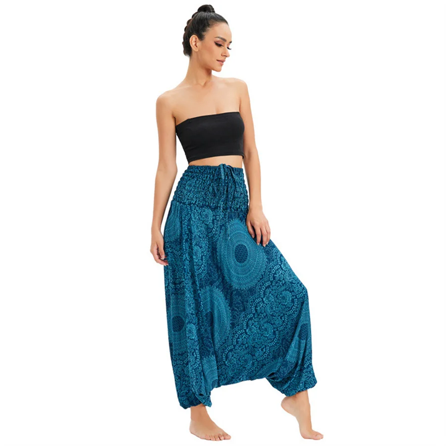 Women's Bohemian Hippie Pants with Smoked Print Design  Loose Lantern Pants Yoga Pants Dress Beach Vacation Skirt