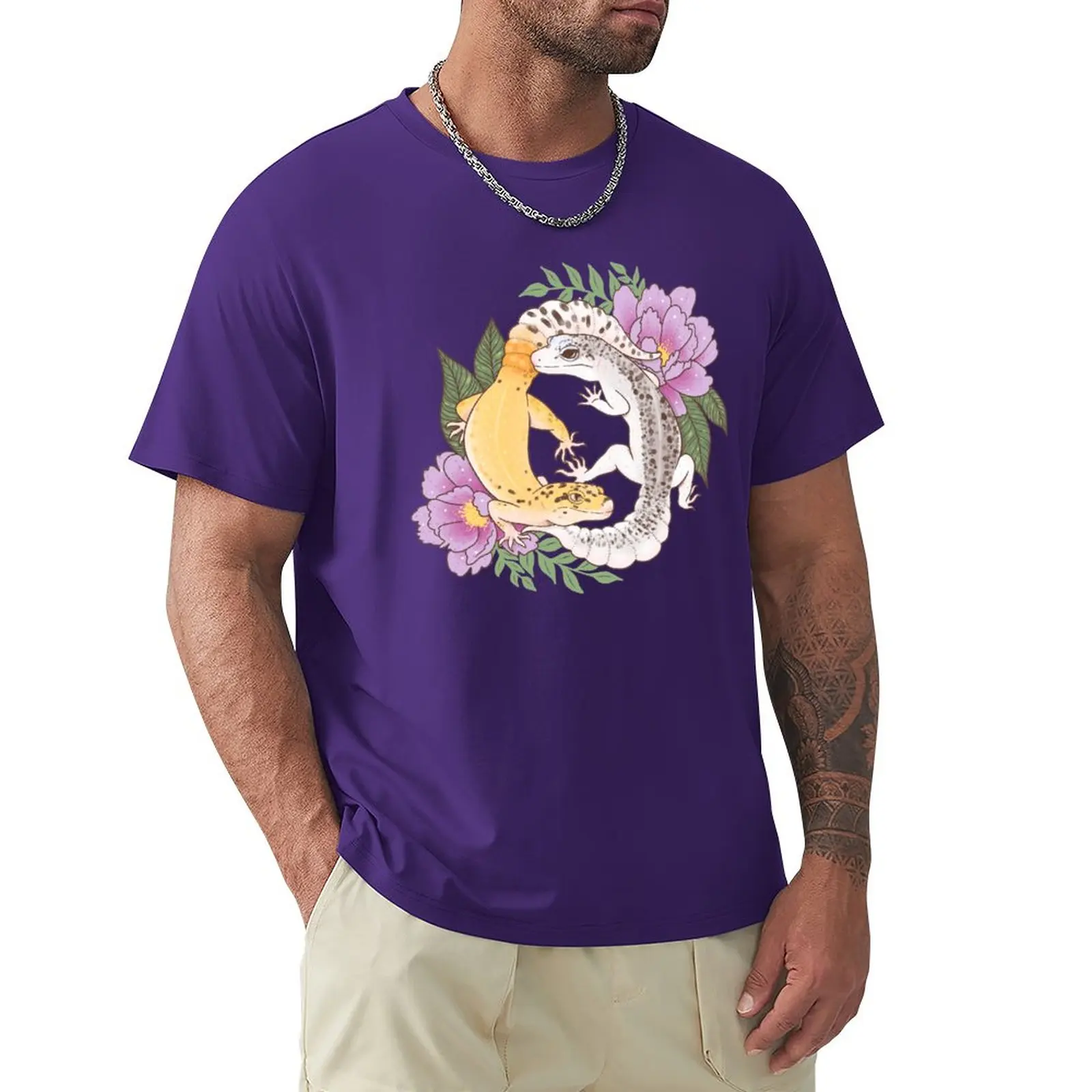 Leopard Geckos and Peony T-Shirt customs design your own vintage clothes funnys slim fit t shirts for men