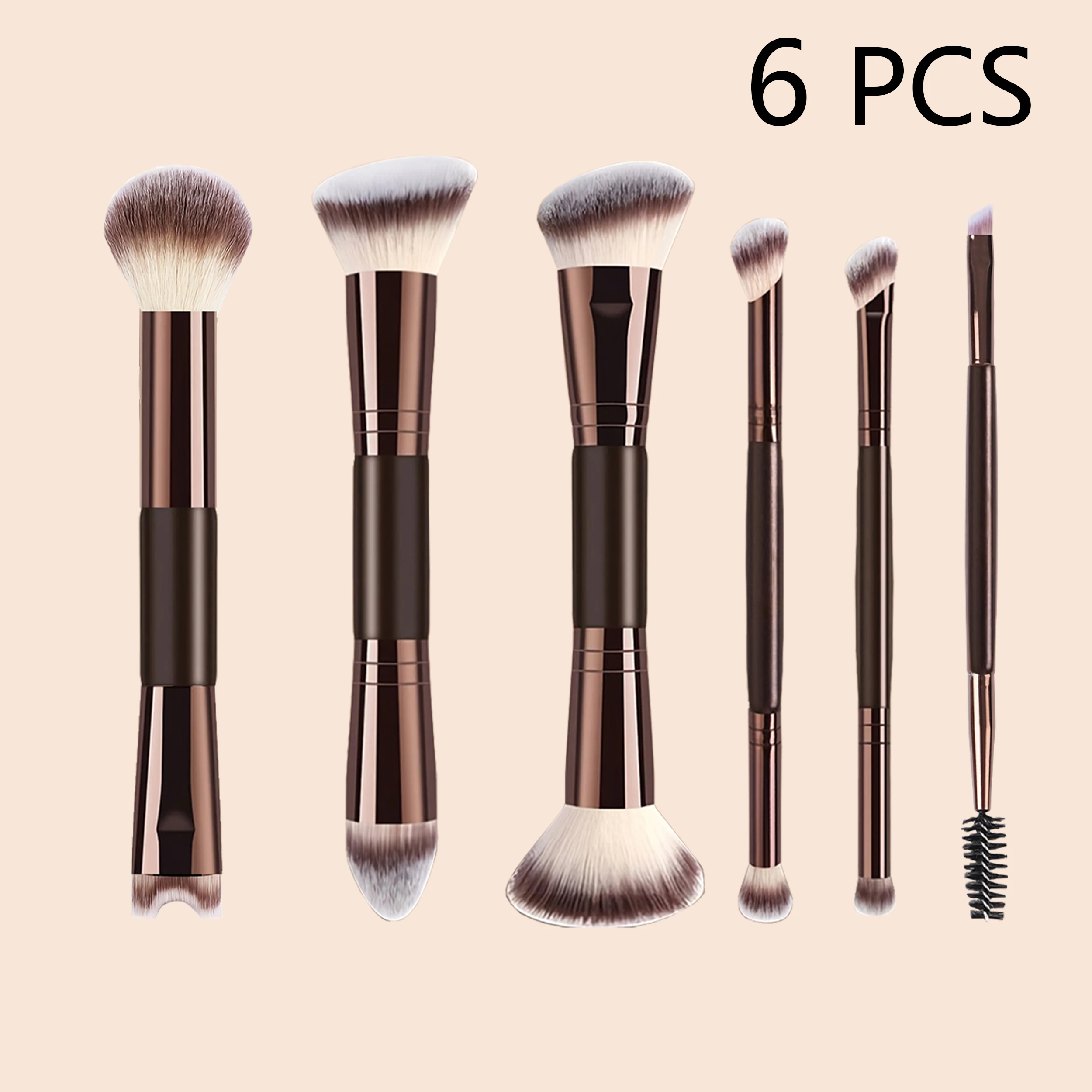 Ensemble de 6 pinceaux de maquillage à double extrémité, poils doux, sans cruauté envers les animaux, végétalien