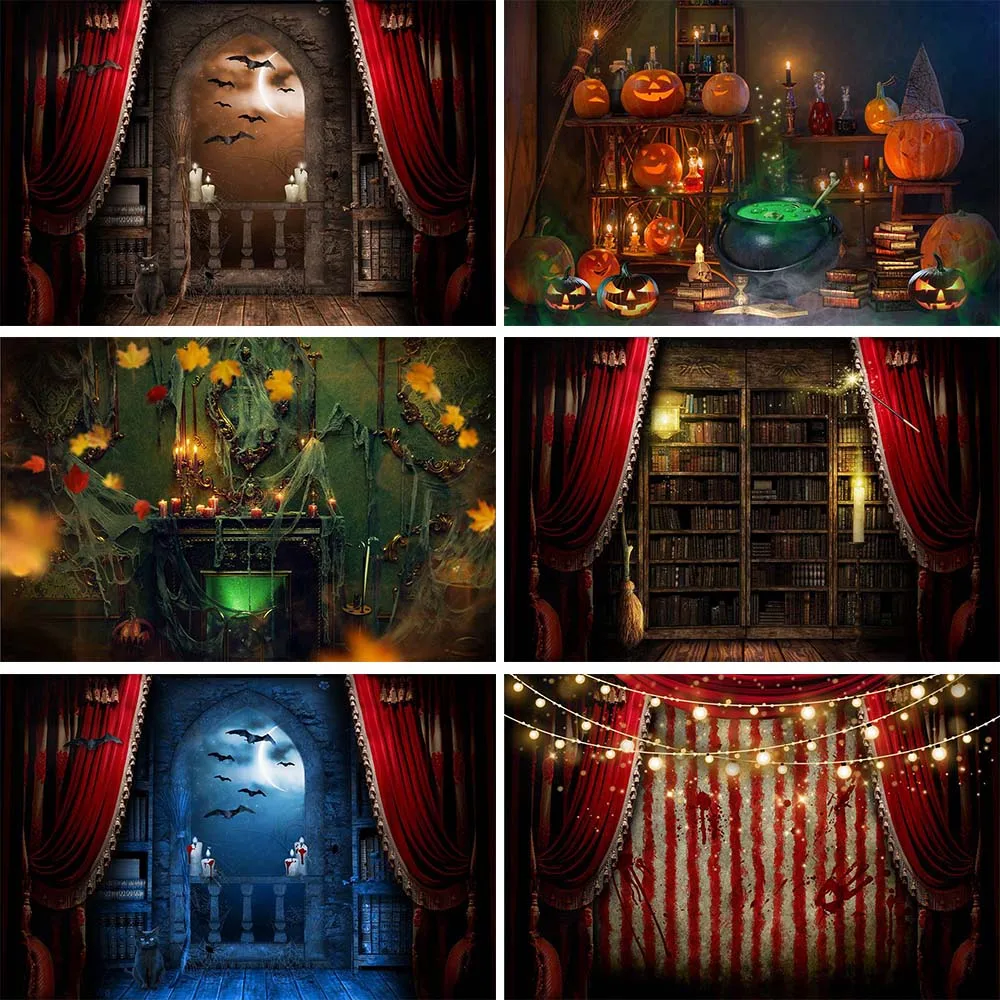 

Mocsicka Halloween Backdrop for Photography Evil Pumpkin Red Curtain Horror Photographic Background Decoration Studio Photobooth