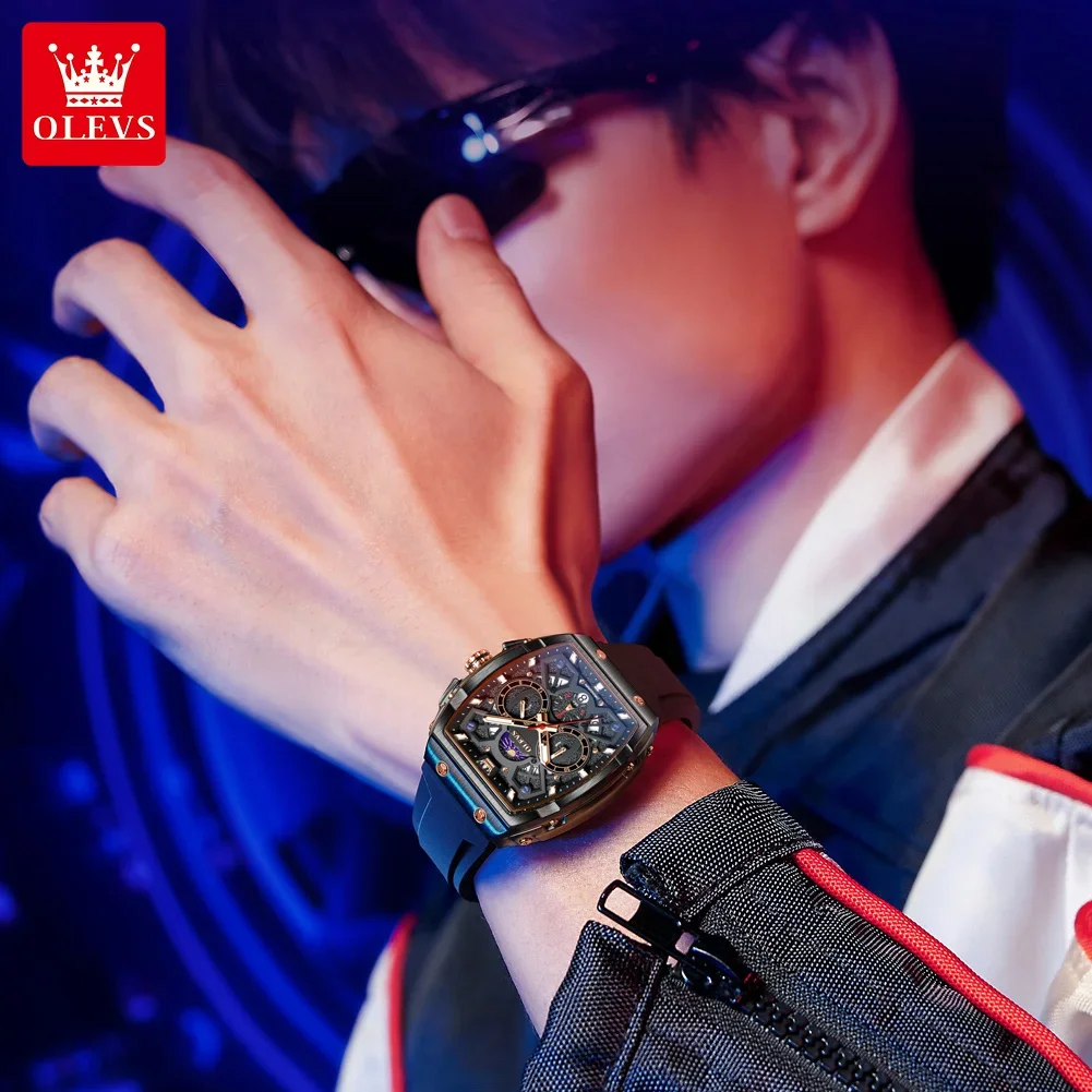 OLEVS 2942 ساعة رجالية بحزام سيليكون تونيو تصميم قرص متعدد الوظائف ساعة كوارتز للرجال مرحلة القمر التقويم ساعة كرونوغراف