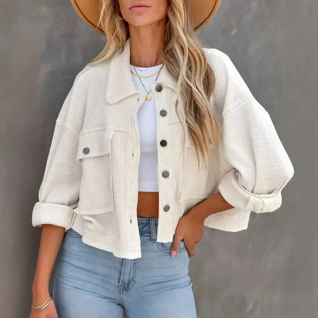 

Women Denim Shirts Office Lady Waffle Knit Cardigan Premium Short Outerwear Solid Color Versatile Layering Top For Women
