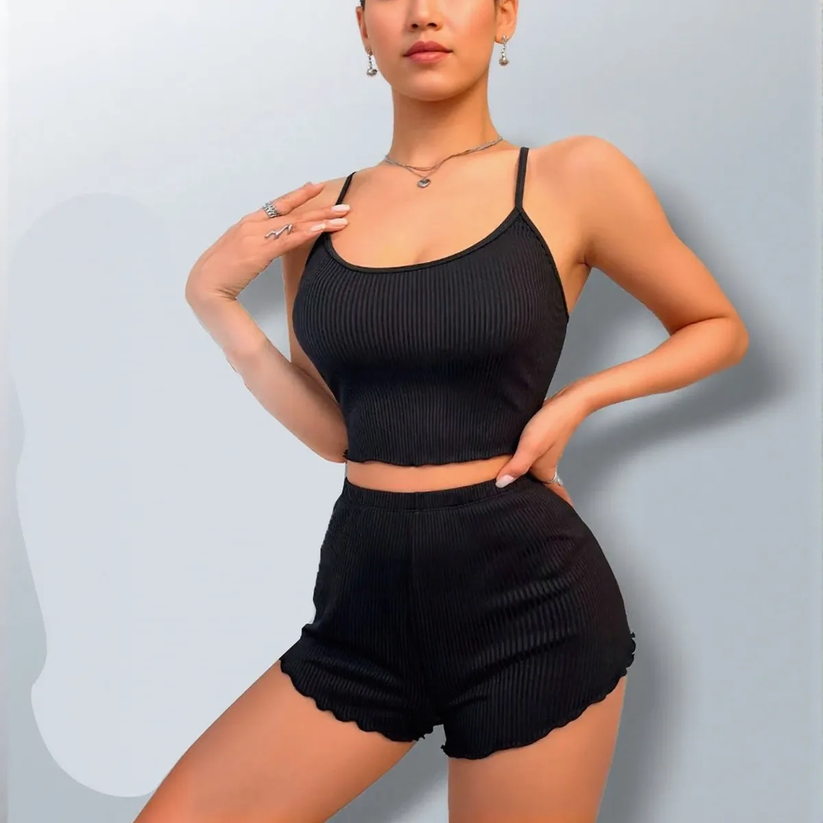 Women's Sleepwear Pajamas Women's Summer Pajamas Two-piece Set back the suspender shorts extremely sexy transparent