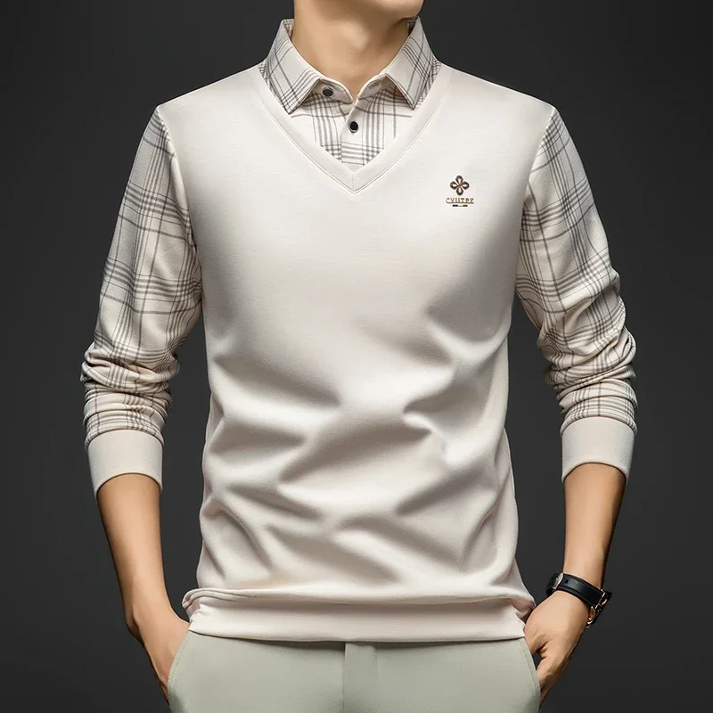 

BROWON 2025 Autumn Casual Men New T-shirt Men Long Sleeve Tee Shirt Collar Illusion Two-piece Plaid T Shirt for Man Middle-aged