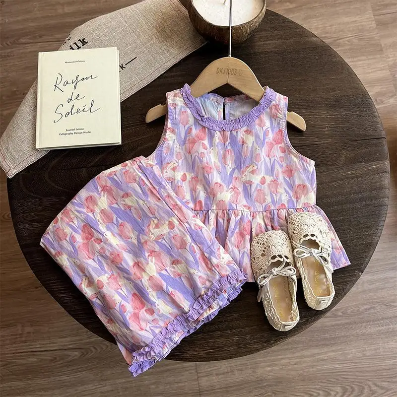 مجموعات ملابس الأطفال الأزهار طباعة بلا أكمام بلوزات واسعة الساق 2 قطعة مجموعات طفل فتاة ملابس الاطفال بوتيك الملابس #2