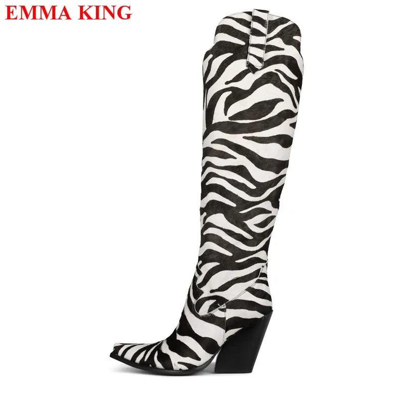 Stivali al ginocchio da donna autunno Zebra per donna cunei con tacco grosso stivali da Cowboy occidentali inverno autunno a punta lunga Botas Mujer