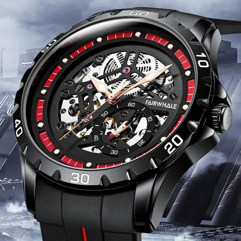 

Brand Mark Fairwhal Men Watch Black Skeleton Automatic Mechanical Reloj Fashion Stainless Steel Watch Case Waterproof Man Clock