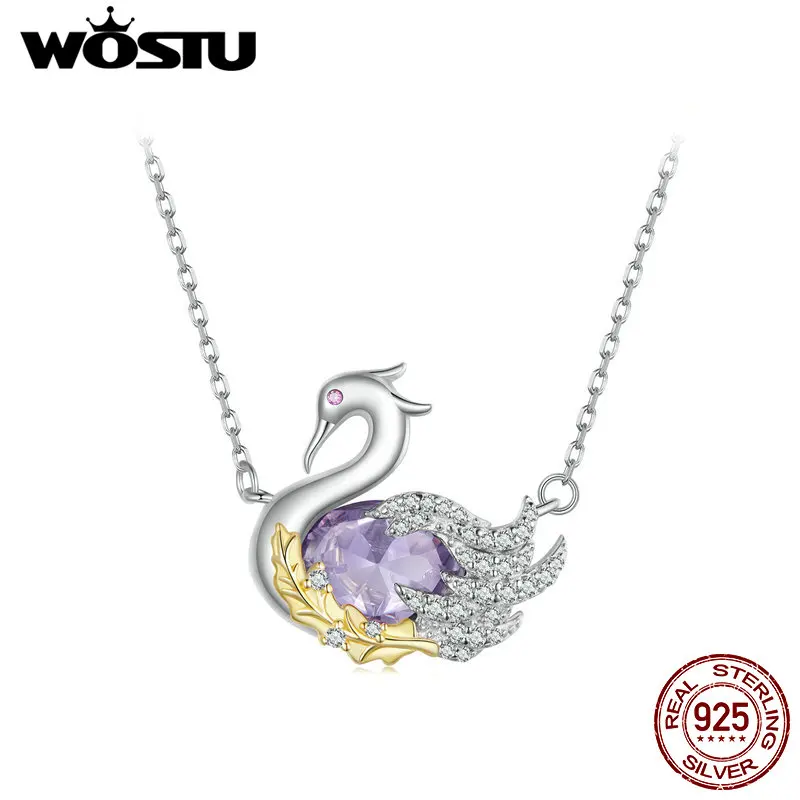 WOSTU Real 925 Sterling Silver Mysticl Purple Crystal Swan Charming Necklace For Women Shiny Zircon Wedding Jewelry Party Gift