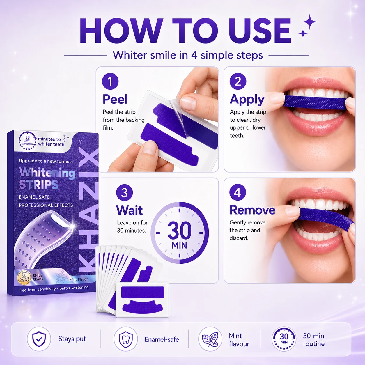Zahnaufhellungsstreifen-Set 2/3/7 Stück, sanfte violette Aufhellungsstreifen für die Zahnschmelzpflege und strahlendere Zähne. – Detail 4