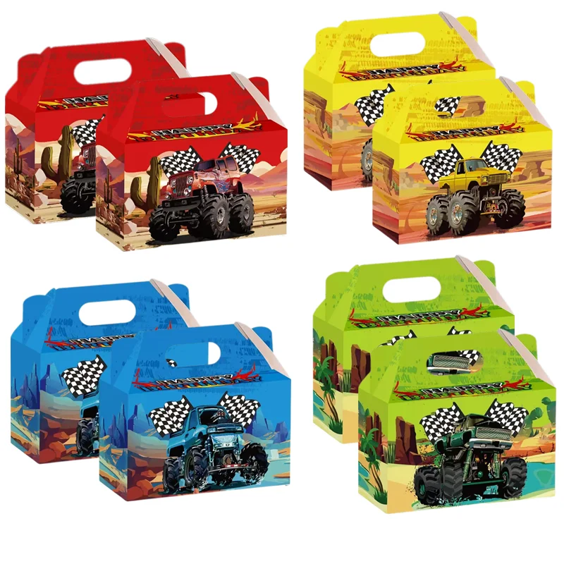 Caja de regalo de camión monstruo para niños, decoraciones para fiesta de bienvenida al bebé, cajas de dulces de coche de dibujos animados, suministros para fiesta de cumpleaños, 4/16 Uds.