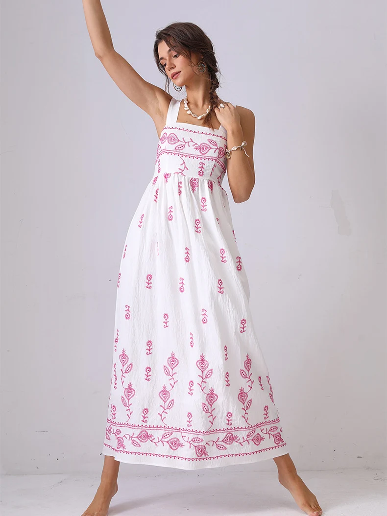 

Floral Embroidery Boho French ChicDresses Women Strap Beige Summer Vocation Beach Sleeveless Backless Sexy Ladies Long Gown New