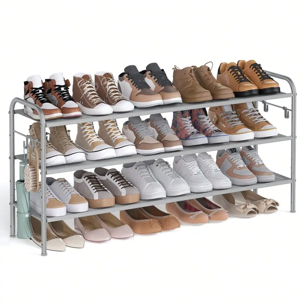 

Регулируемая по высоте 3-ярусная тканевая подставка для обуви с 4 крючками, органайзер для хранения обуви, вмещает до 18 пар обуви