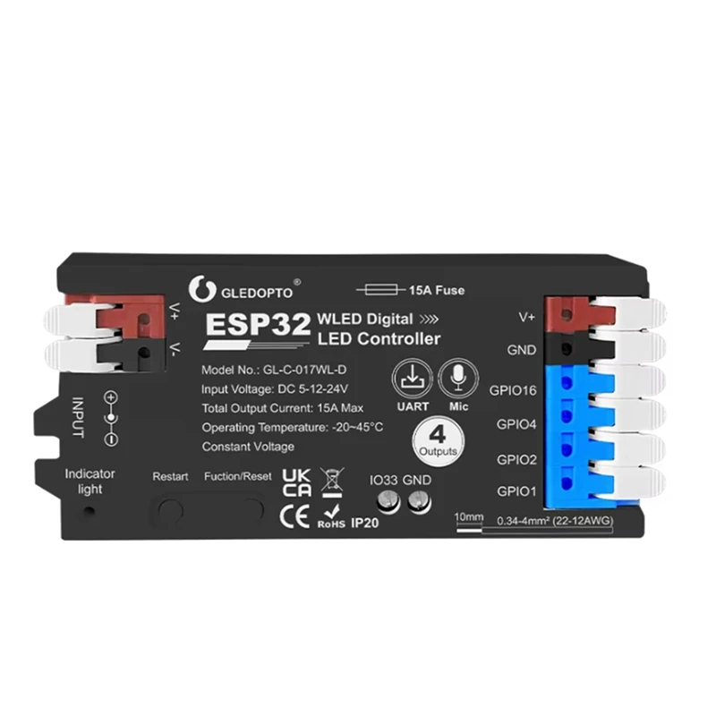 

NEW_GLEDOPTO ESP32 WLED-контроллер с 4 выходами и предохранителем, микрофонная подсветка, черная