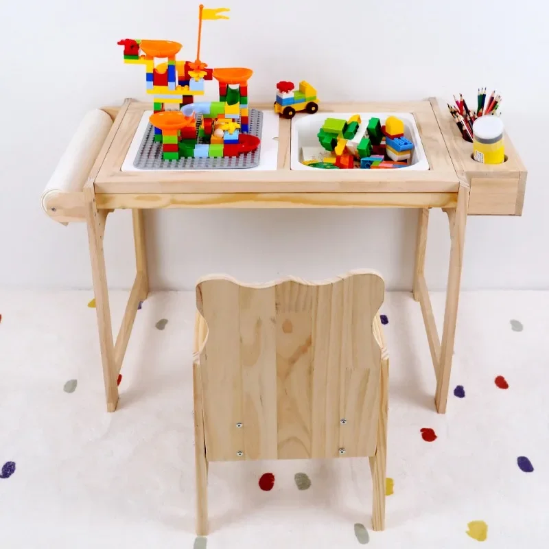 Solid Wood Children's Table and Chair Can Be Lifted Kindergarten Building Blocks Play Toy Table Baby Learn To Write Drawing Desk