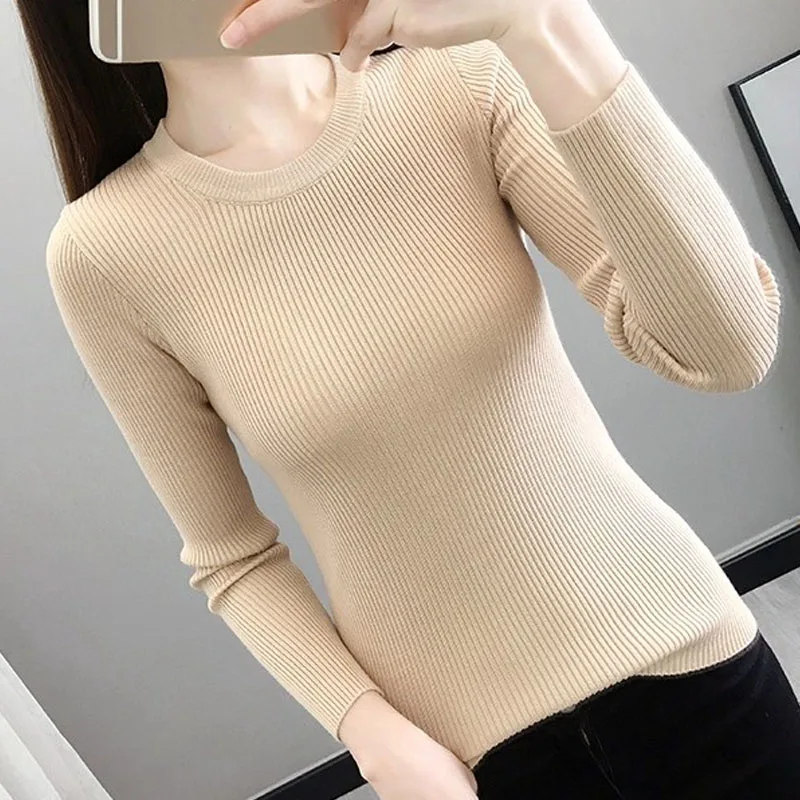 

Knitwears White O-Neck Knitted Sweater Women Pullovers New Long Sleeve Knit Sweater Pullover Women Tops Sueters De Mujer Q3478