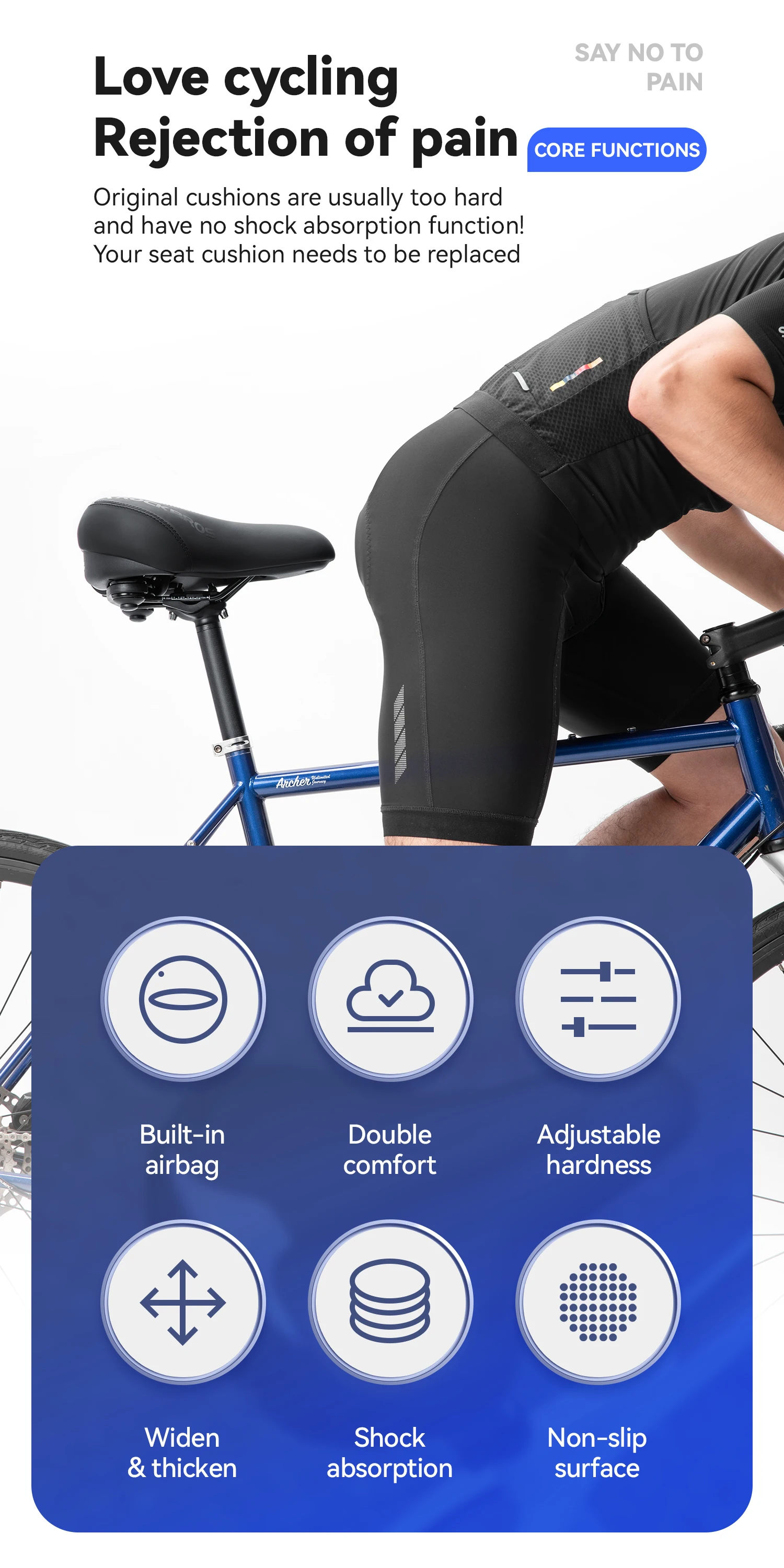 ROCKBROS Fahrradsattel mit Doppelter Stoßdämpfung, Bike-Airbag-Sitzkissen, Verdickter Hochdichter Schaumstoff, Rutschfester Komfortabler Sattel – Detail 2