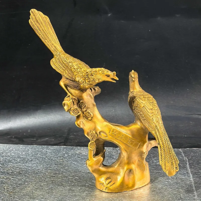 Brass Magpie Perching on a Branch Ornament Beaming Double Happiness on the Tree Branch - Home Decorative Craft
