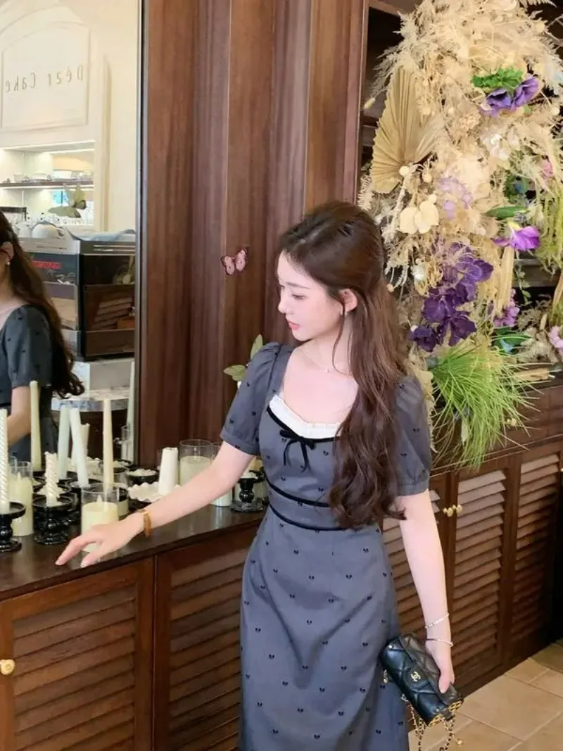 Korean Fashion Retro Square Neck Floral Dress Women 2025 New Summer Temperament Long Cinched Waist Dresses